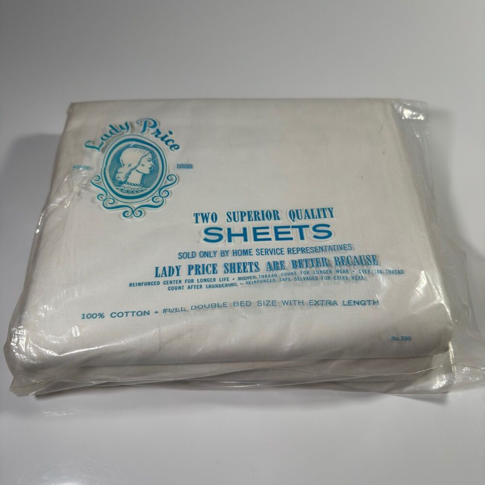 Vintage Lady Price White Cotton Bed Sheets Full Double Size Extra Length NOS NIP